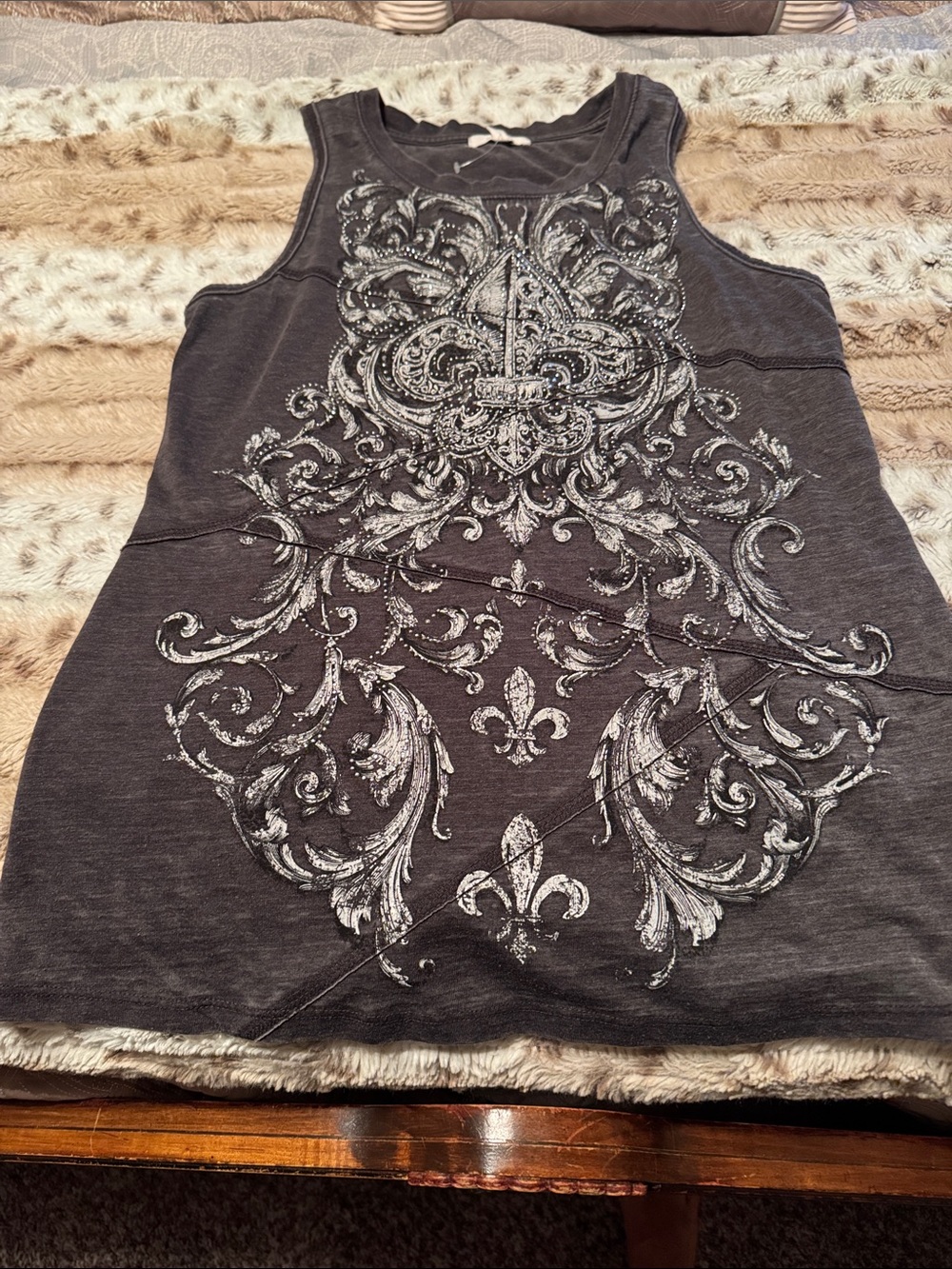 Maurices Dark Gray Tank Top with Silver Fleur-de-Lis Embellishment